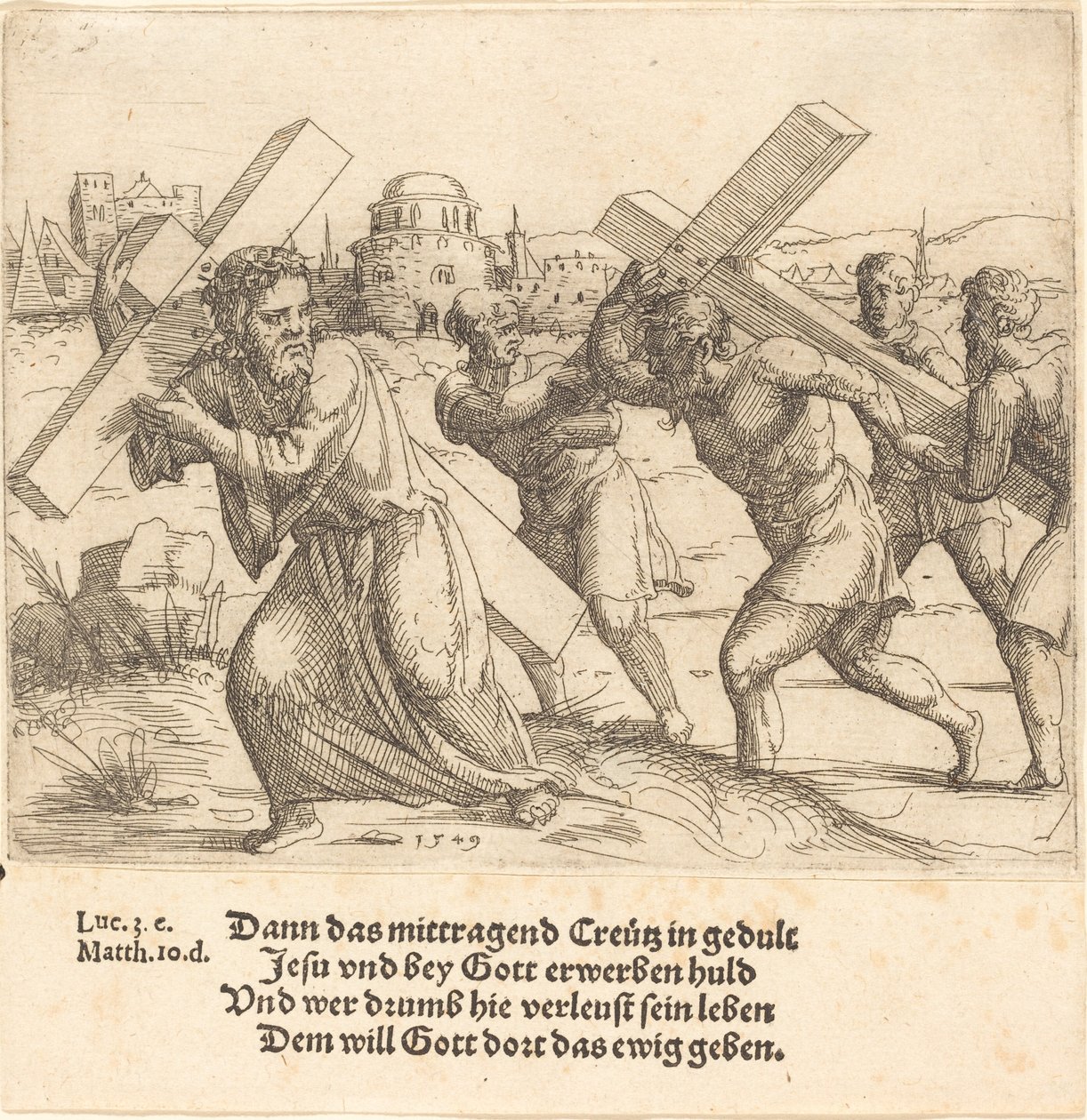 Człowiek niesie krzyż za Chrystusem, 1549. autorstwa Augustin Hirschvogel