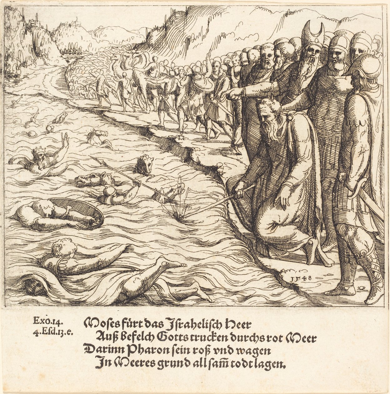 Mojżesz zamyka Morze Czerwone, 1548. autorstwa Augustin Hirschvogel