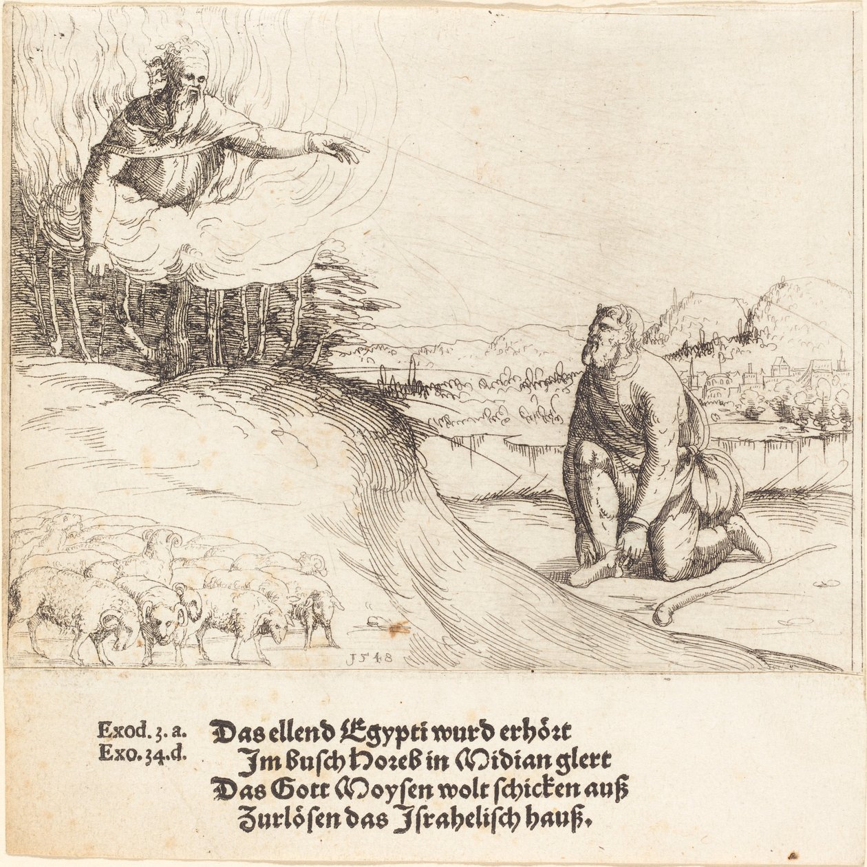 Mojżesz i gorejący krzew, 1548. autorstwa Augustin Hirschvogel