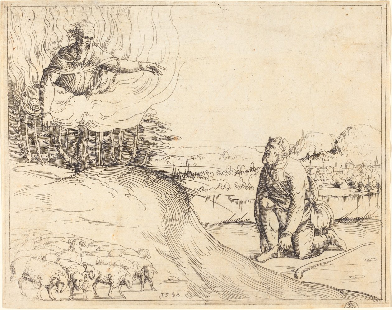 Mojżesz i gorejący krzew, 1548. autorstwa Augustin Hirschvogel
