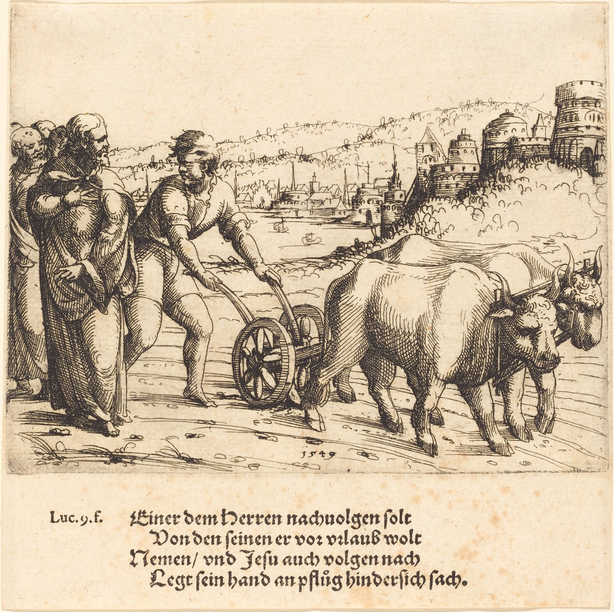 Nikt, kto kładzie rękę na pługu i nie ogląda się za siebie m.in. naśladowca Chrystusa, 1549. autorstwa Augustin Hirschvogel