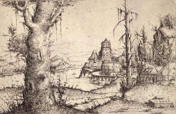 P.9-1993 Krajobraz rzeczny z grubym drzewem autorstwa Augustin Hirschvogel