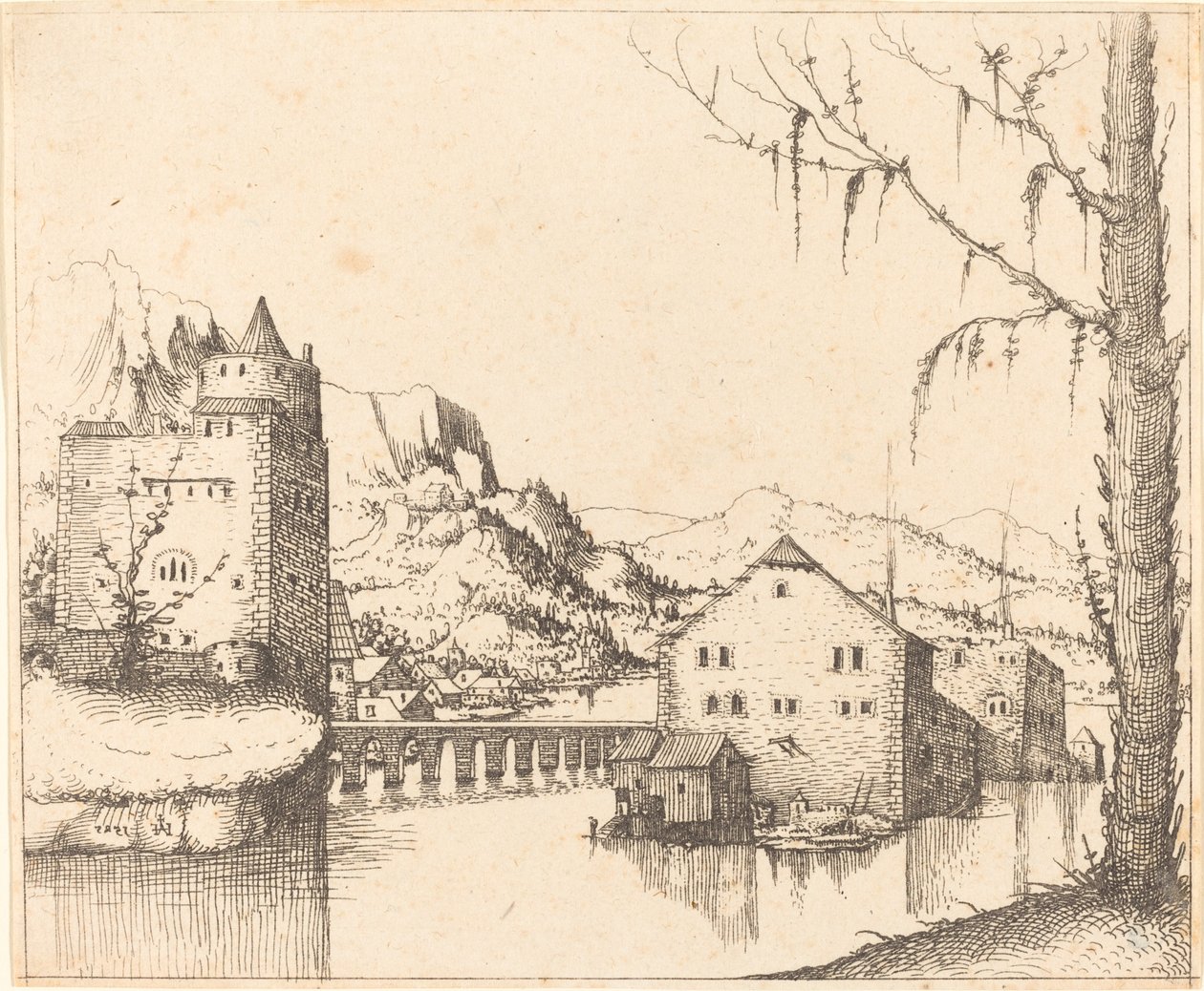 Krajobraz rzeczny z domami na wyspie, 1545. autorstwa Augustin Hirschvogel