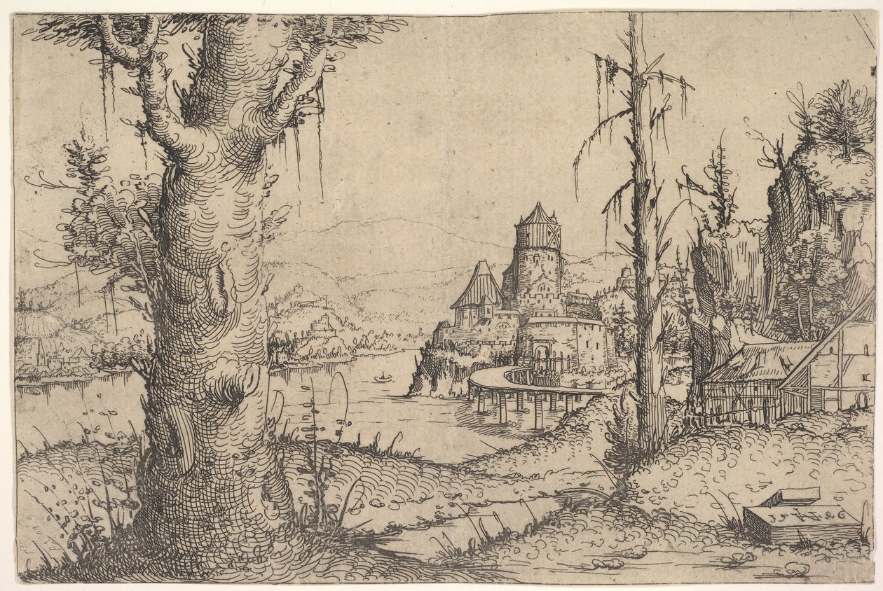 Krajobraz rzeczny z dużym drzewem po lewej, 1546. autorstwa Augustin Hirschvogel