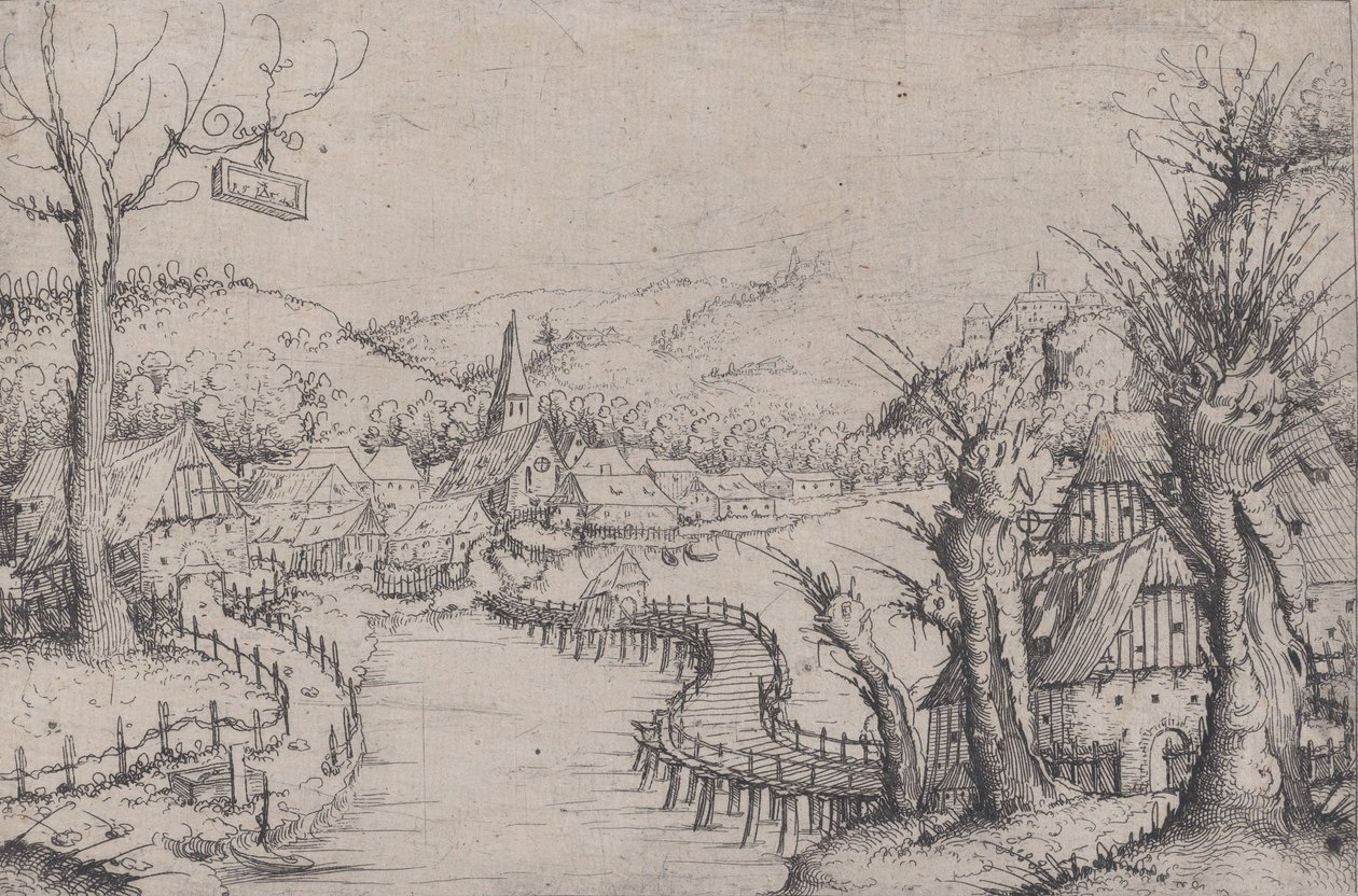 Krajobraz rzeczny z trzema nagimi wierzbami po prawej i długim wijącym się drewnianym mostem w ..., 1546. autorstwa Augustin Hirschvogel