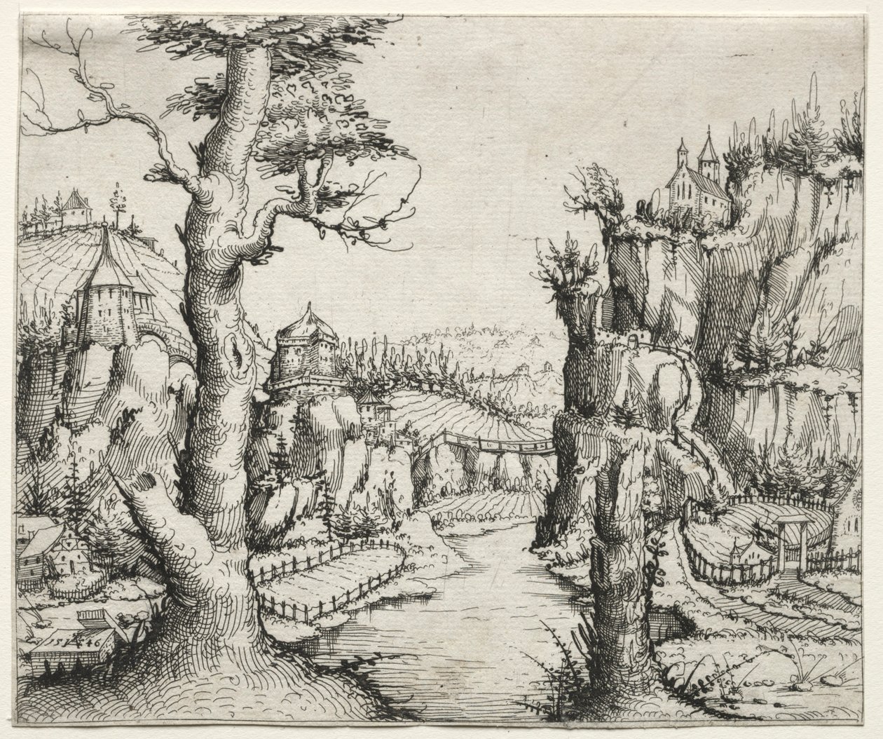 Krajobraz rzeczny ze skałami po lewej i po prawej, 1546. autorstwa Augustin Hirschvogel