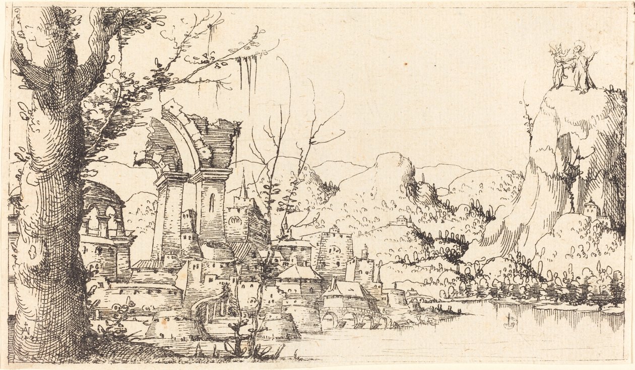 Krajobraz rzeczny z kuszeniem Chrystusa, 1545. autorstwa Augustin Hirschvogel