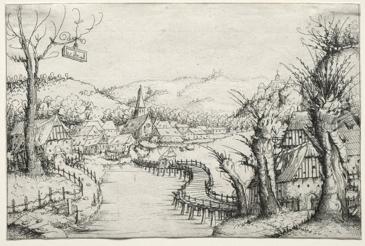 Krajobraz rzeczny z trzema nagimi wierzbami po prawej stronie i długim wijącym się drewnianym mostem..., 1546. autorstwa Augustin Hirschvogel