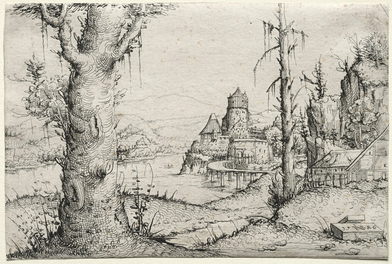 Krajobraz rzeki z dużym drzewem po lewej, 1546. autorstwa Augustin Hirschvogel