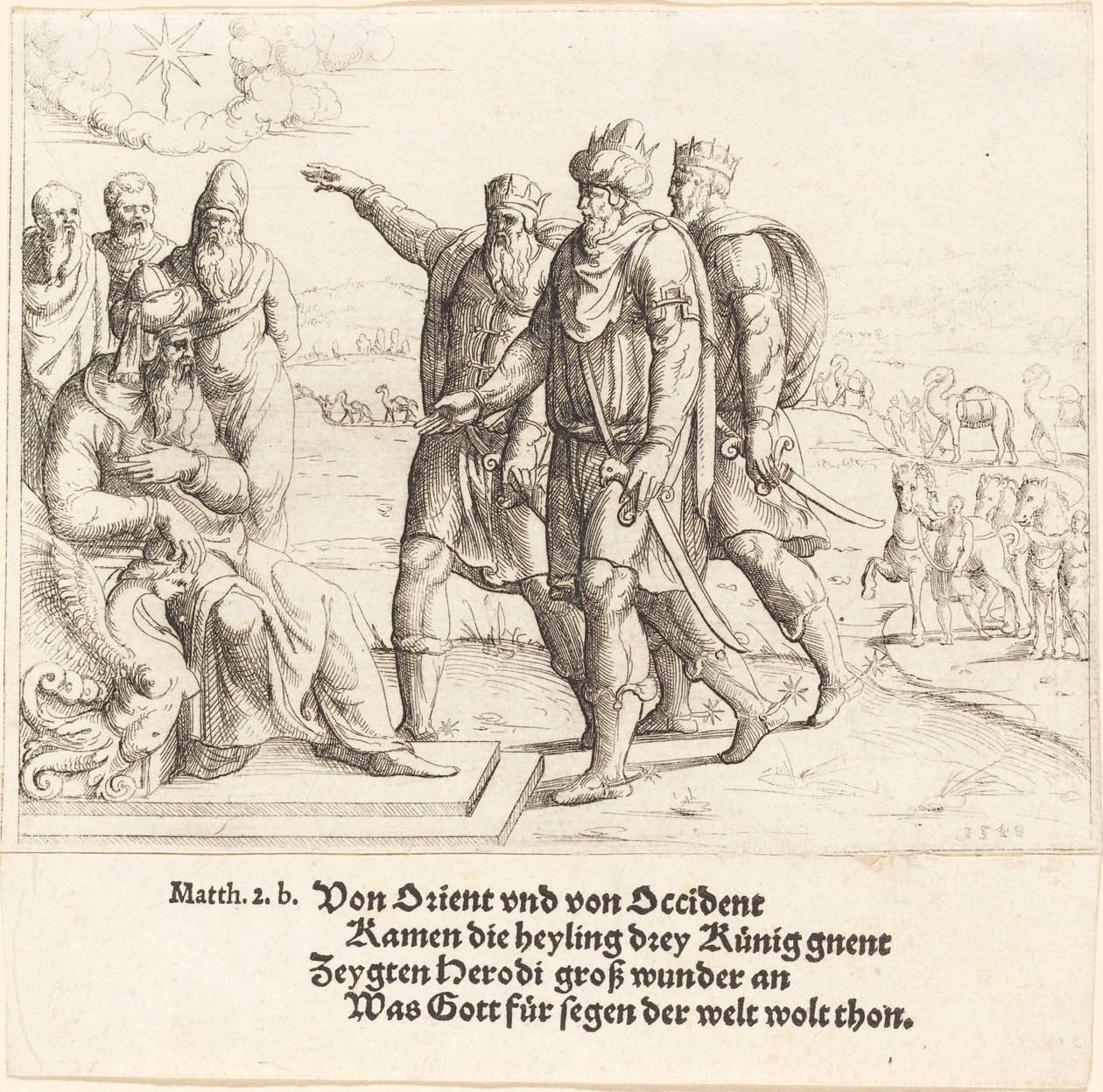Trzej Królowie mówią Herodowi o narodzinach Chrystusa, 1549. autorstwa Augustin Hirschvogel