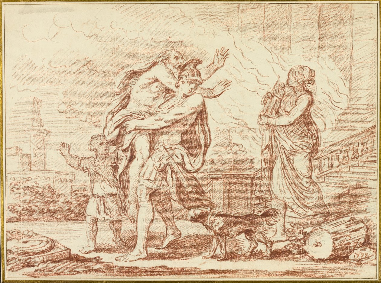 Eneasz ucieka z Anchises z ruin Troi autorstwa Augustin Pajou