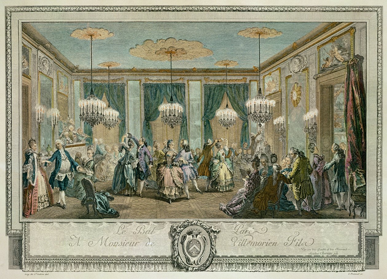 Bal wieczorowy w Domu Monsieur Villemorien Fila, grawerowany przez L. Provosta (kolorowy grawerunek) (patrz również 84578) autorstwa Augustin de (after) Saint Aubin