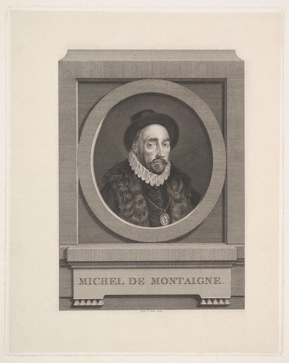 Portret Michela de Montaigne autorstwa Augustin de Saint-Aubin