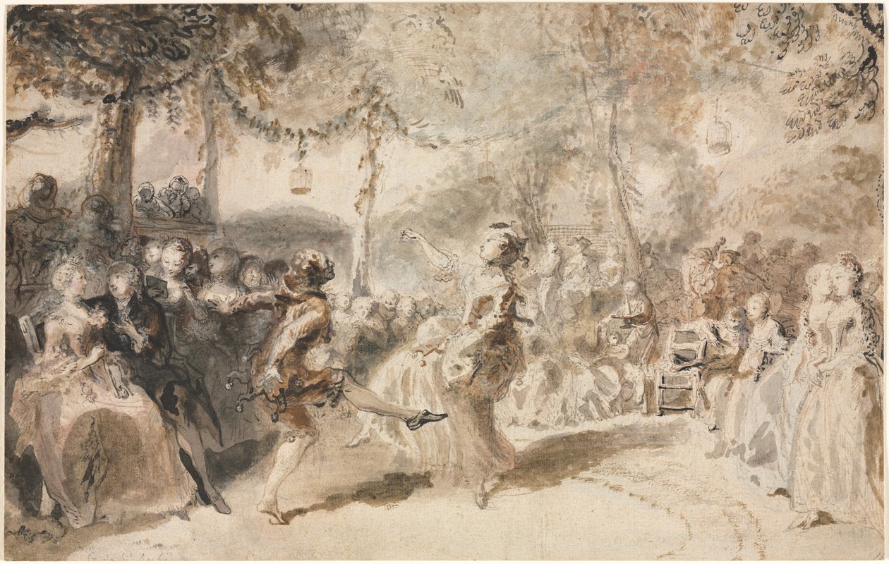 Przebrani tancerze występujący w tawernie ogrodowej, 1756. autorstwa Augustin de Saint Aubin