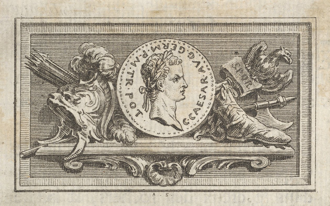 Medal z portretem Kaliguli w VI księdze, z Tibère ou les six premi..., wydany w 1768 r. autorstwa Augustin de Saint Aubin