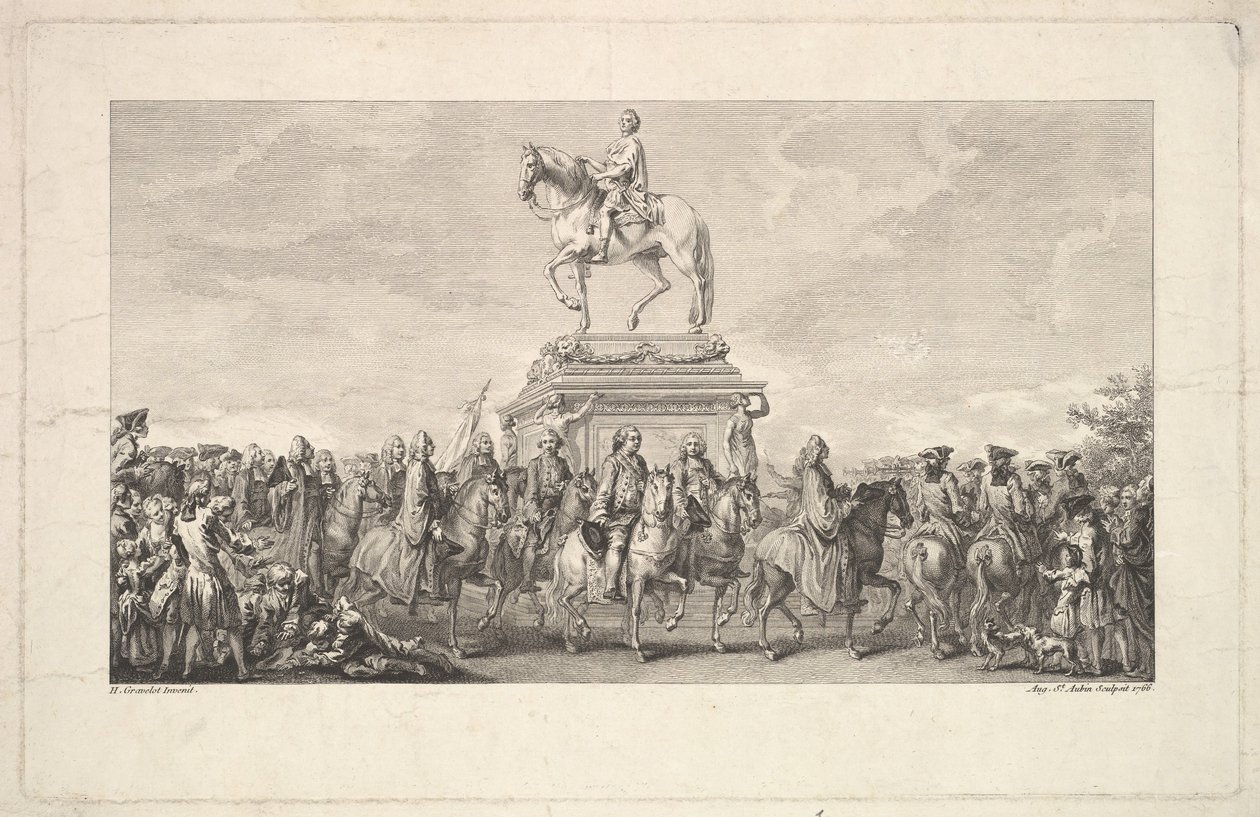Inauguracja posągu Ludwika XV, Vignette na s. 1, z Description des Trava..., 1766. autorstwa Augustin de Saint Aubin
