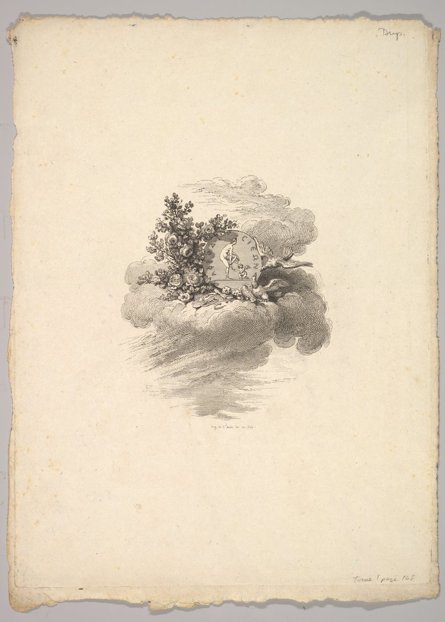 Winieta z monetą na chmurze z różami po lewej i gołębiami poniżej i po prawej..., 1778-80. autorstwa Augustin de Saint Aubin