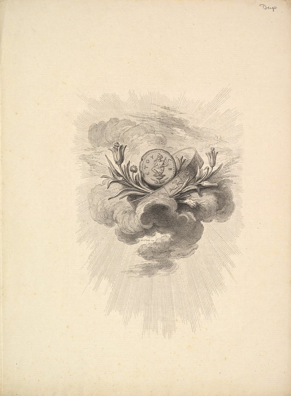 Winieta z medalem przedstawiającym Harpokrata i kwiaty lotosu, tom I, strona 12, z D..., 1778-80. autorstwa Augustin de Saint Aubin