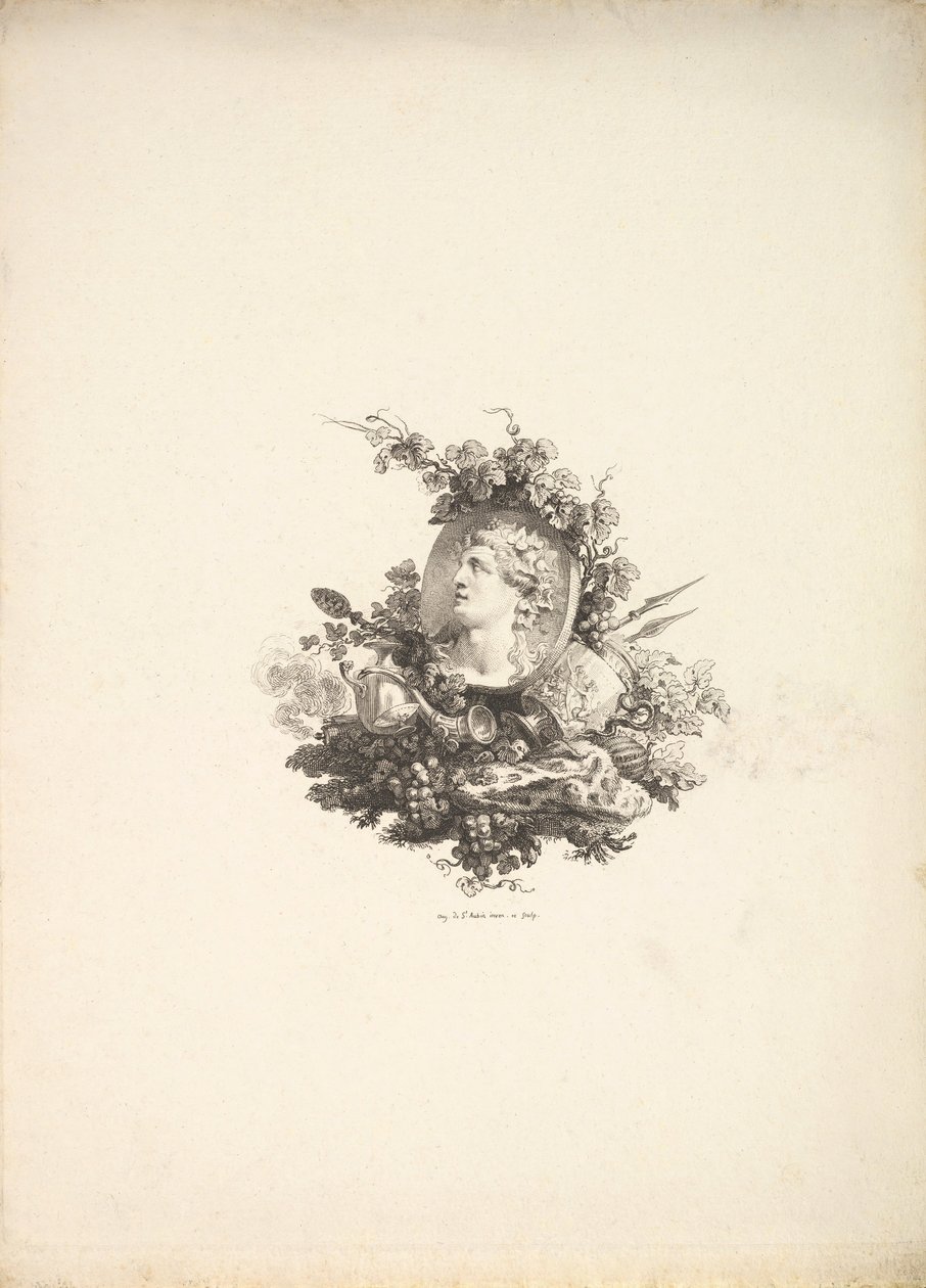 Winieta z głową Bachusa na Kornelianie, Tom I, s. 242, z Description de..., 1778-80. autorstwa Augustin de Saint Aubin