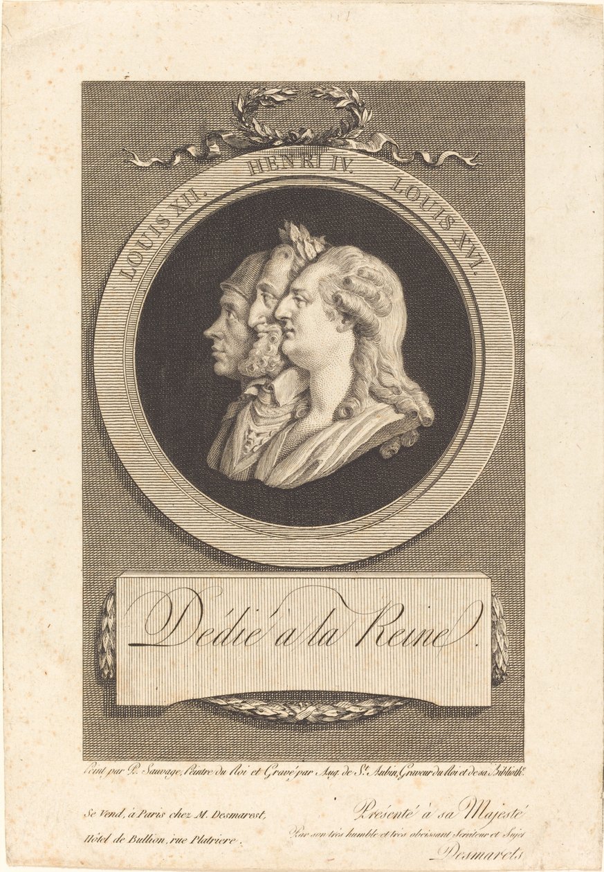 Ludwik XVI, Henryk IV i Ludwik XII autorstwa Augustin de Saint Aubin after Piat Joseph Sauvage