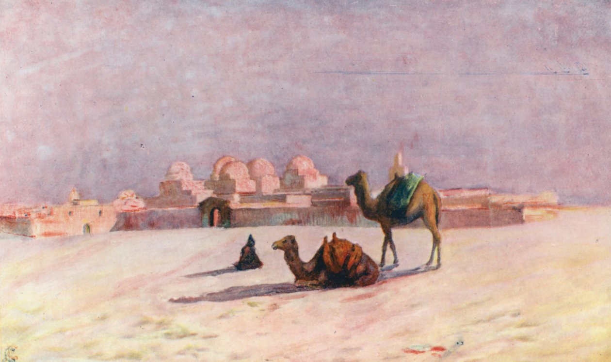 Zachód słońca w Kairouan (kolorowa litografia) autorstwa Augustine Fitzgerald