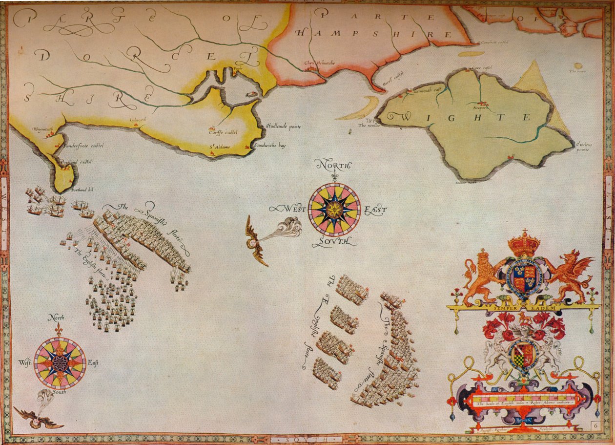 „Portland Bill do Portsmouth: Pogoń za hiszpańską armadą przez angielską flotę”, c1588 autorstwa Augustine Ryther