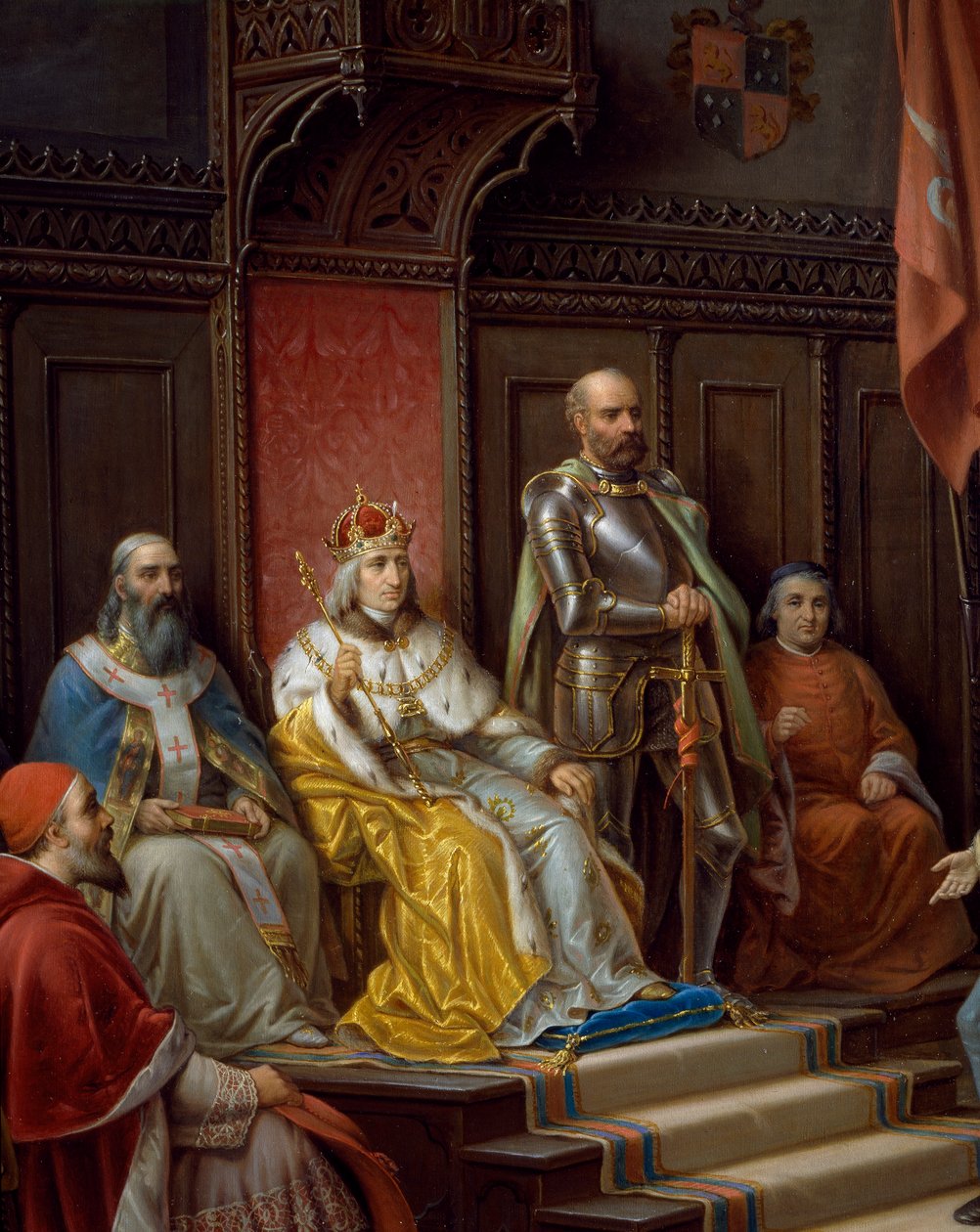 Fryderyk III na tronie, fragment Fryderyka III, naciskany do marszu przeciwko Turkom przez triesteńskiego poetę Raffaele Zovenzoniego, obraz Augusto Tominz (1818-1883) autorstwa Augusto Tominz