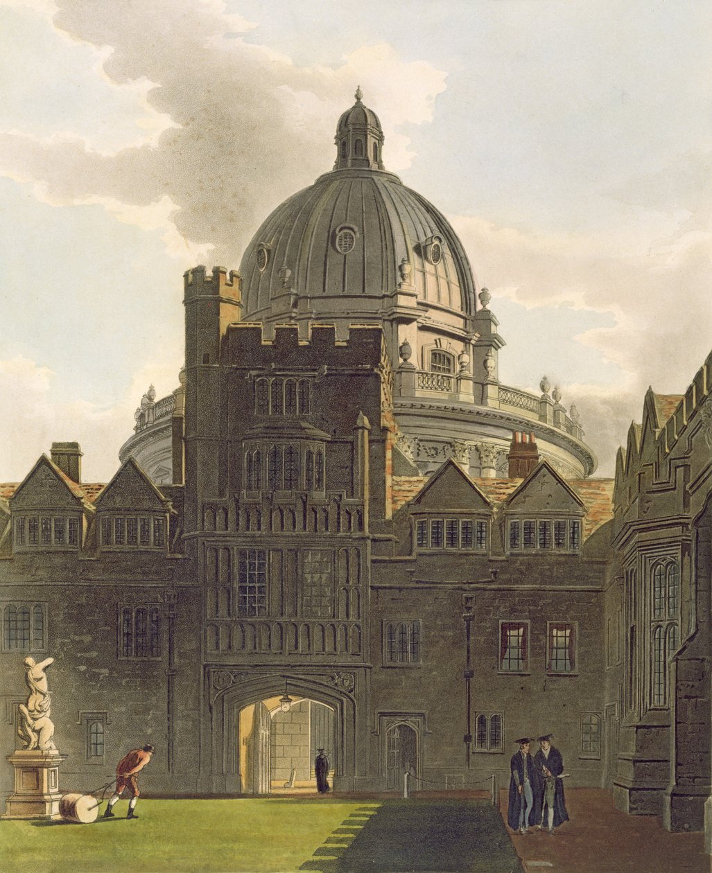 Na zewnątrz Brasenose College i Radcliffe Library, ilustracja z „Historii Oksfordu”, ryt. J. Bluck (fl.1791-1831) wyd. R. Ackermann, 1814 (akwatinta) autorstwa Augustus Charles Pugin