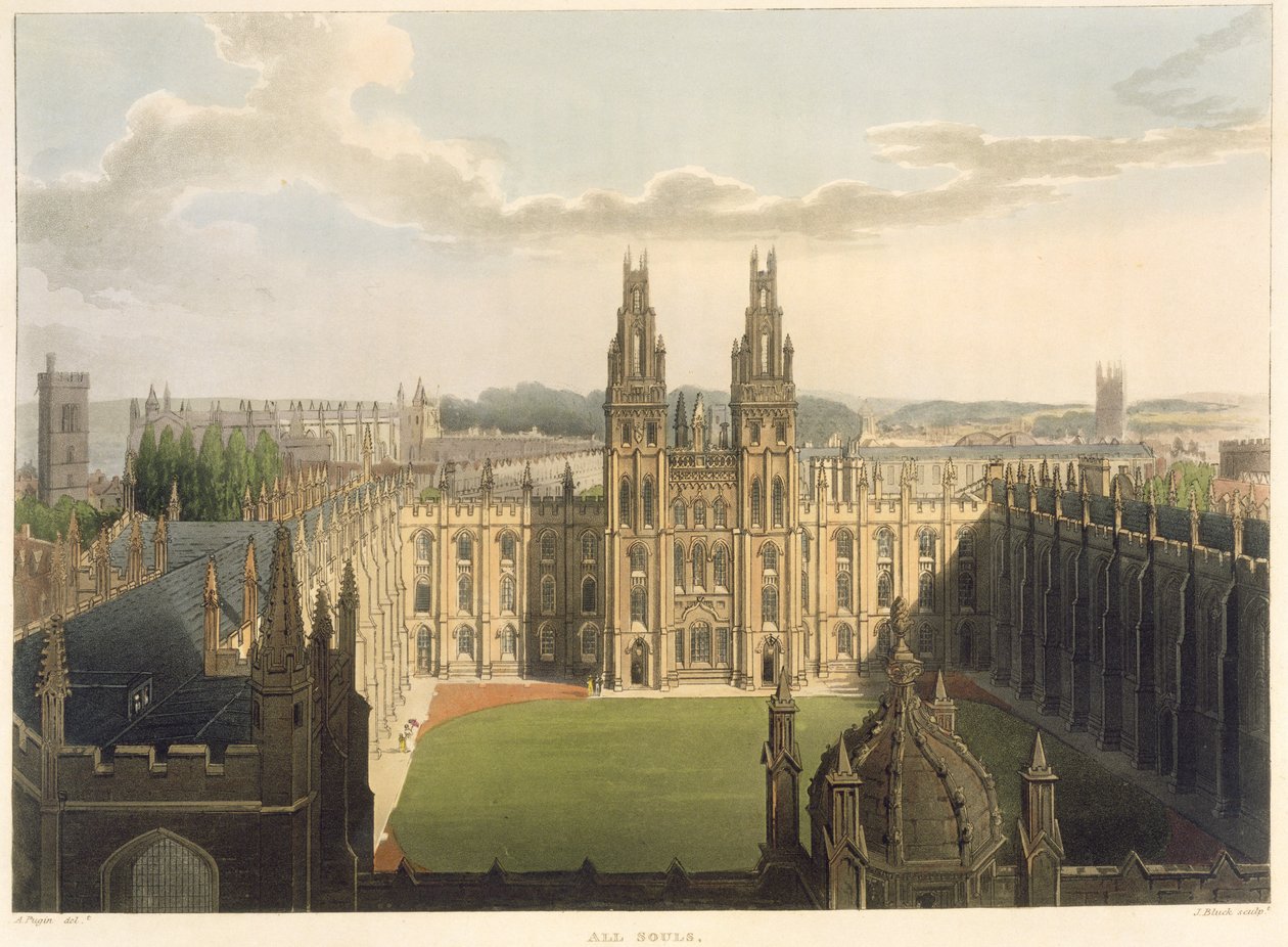 Zewnętrzny widok All Souls College, widziany z góry Radcliffe Library, ilustracja z "History of Oxford", rytowana przez J. Blucka (fl.1791-1831), wydana przez R. Ackermanna, 1814 (akwatinta) autorstwa Augustus Charles Pugin