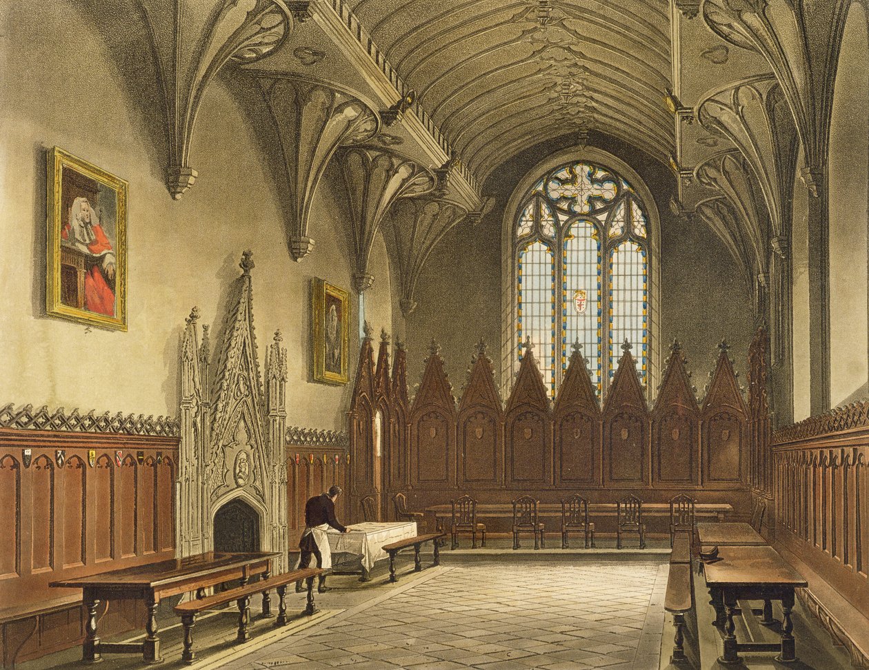 Widok wnętrza auli University College, ilustracja z „Historii Oksfordu”, ryt. J. Hill, wyd. R. Ackermann, 1814 (kolorowa akwatinta) autorstwa Augustus Charles Pugin