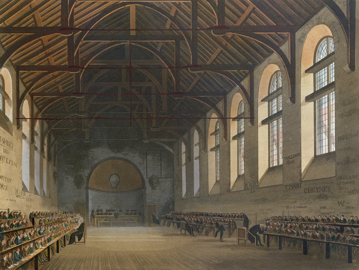 Sala Szkoły Westminsterskiej, z "Historii Szkoły Westminsterskiej", części "Historii Kolegiów", rytowanej przez Josepha Constantine Stadlera (fl.1780-1812), wydanej przez R. Ackermanna, 1816 (akwatinta barwna) autorstwa Augustus Charles Pugin