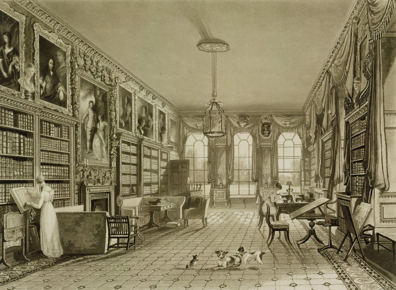 Biblioteka jako salon, Cassiobury Park, ok. 1815, na podstawie J. Brittona „Historia i opis… Cassiobury Park”, Londyn, 1837, figury grawerowane przez Meyera, akwatinta przez F. Lewisa autorstwa Augustus Welby Northmore Pugin