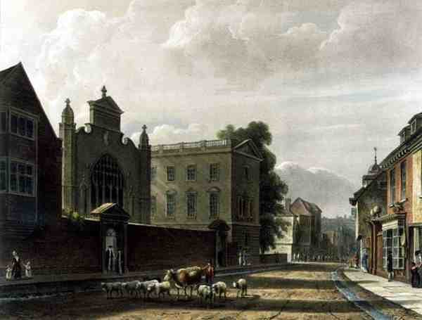 Na zewnątrz Kolegium św. Piotra (Peterhouse), Cambridge, z „Historii Cambridge”, ryt. Joseph Constantine Stadler (fl.1780-1812), wyd. przez R. Ackermanna autorstwa Augustus Charles (after) Pugin