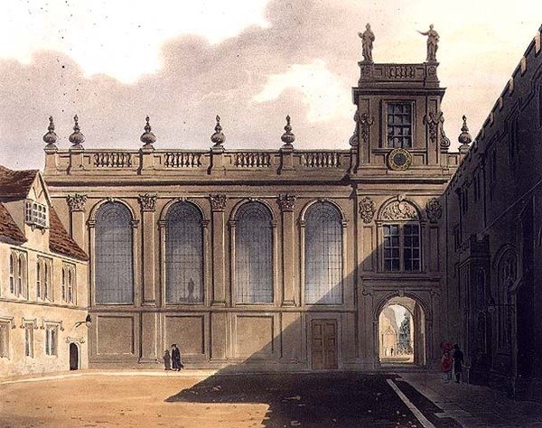 Na zewnątrz kaplicy Trinity College, ilustracja z „Historii Oksfordu”, ryt. J. Bluck (fl.1791-1831) wyd. przez R. Ackermanna autorstwa Augustus Charles (after) Pugin