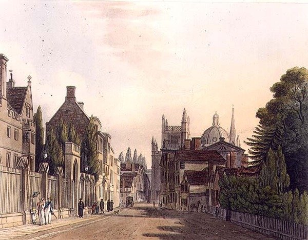 Zewnętrzna część Wadham Hall widziana z parków, ilustracja z „Historii Oksfordu”, grawerowana przez J. Hilla, wyd. przez R. Ackermanna. 1813 (akwatinta) autorstwa Augustus Charles (after) Pugin