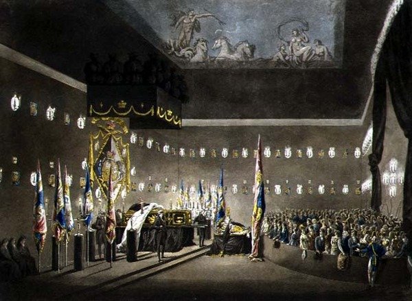 Szczątki lorda wicehrabiego Nelsona leżące w stanie w malowanej komorze w szpitalu Greenwich, grawerowane przez J. Merigot, wyd. 1806 (kolor grawerowany) autorstwa Augustus Charles (after) Pugin