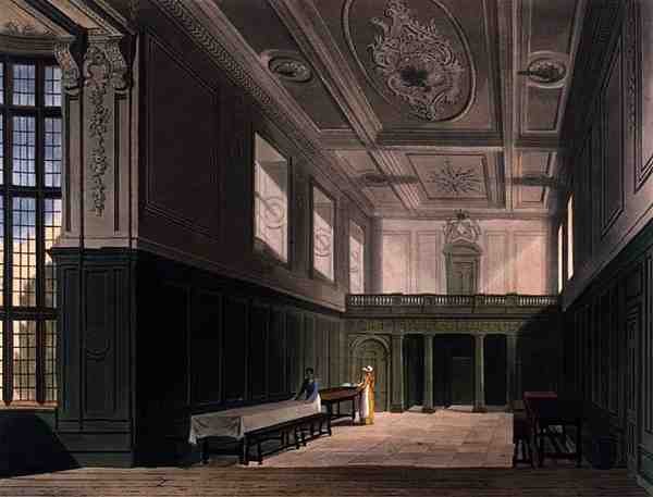 Hall of Sidney College, Cambridge, z „Historii Cambridge”, grawerowane przez Daniela Havella (1785-1826), wyd. przez R. Ackermanna autorstwa Augustus Charles (after) Pugin