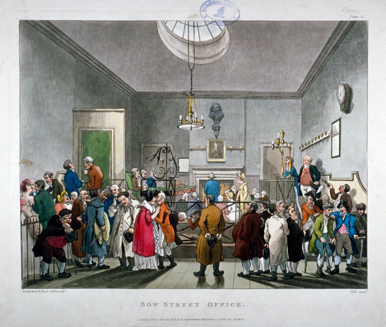 Sąd policyjny przy Bow Street, Westminster, Londyn, 1808 autorstwa Augustus Charles Pugin, Thomas Rowlandson