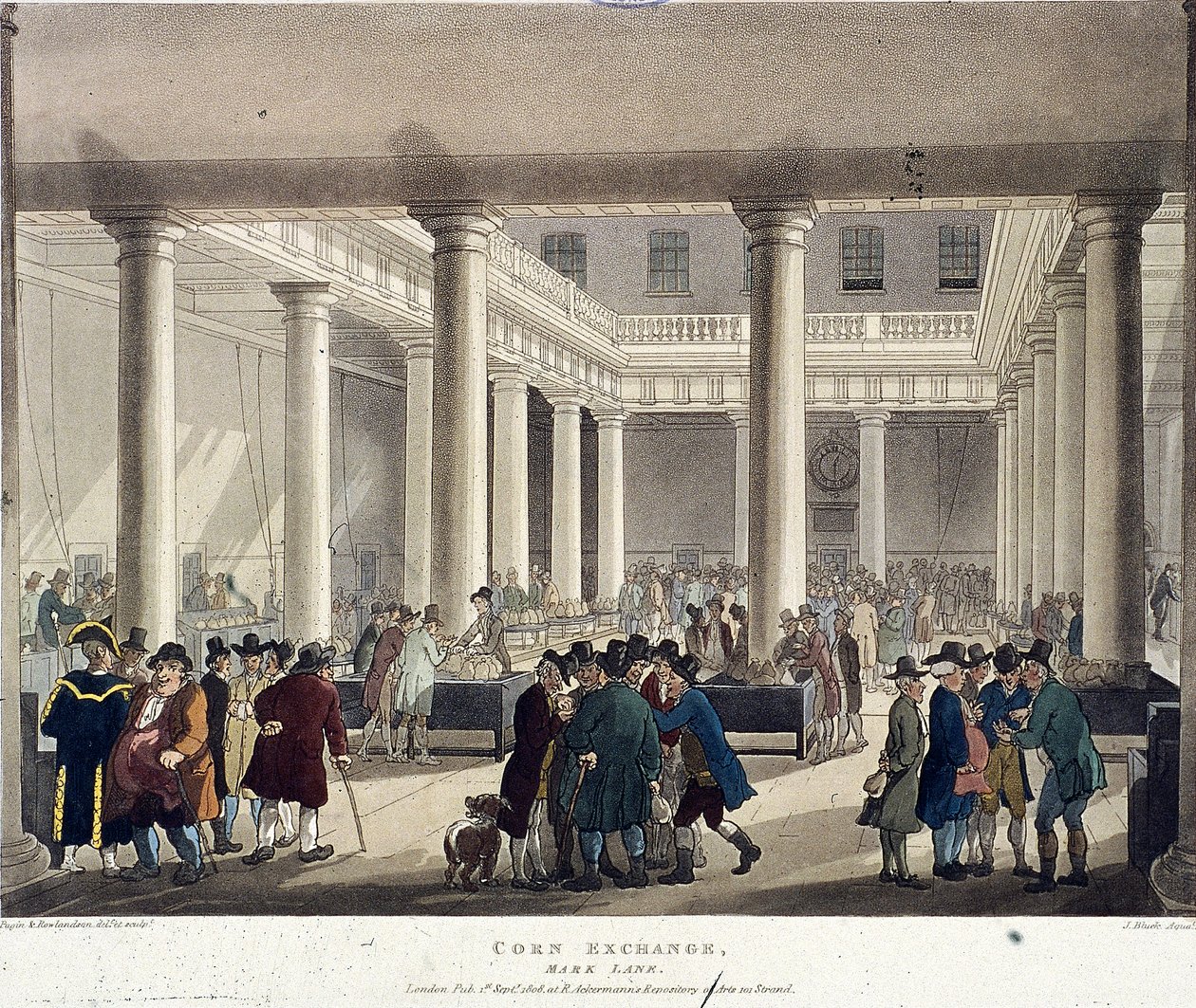 Giełda kukurydzy, Londyn, 1808 autorstwa Augustus Charles Pugin, Thomas Rowlandson