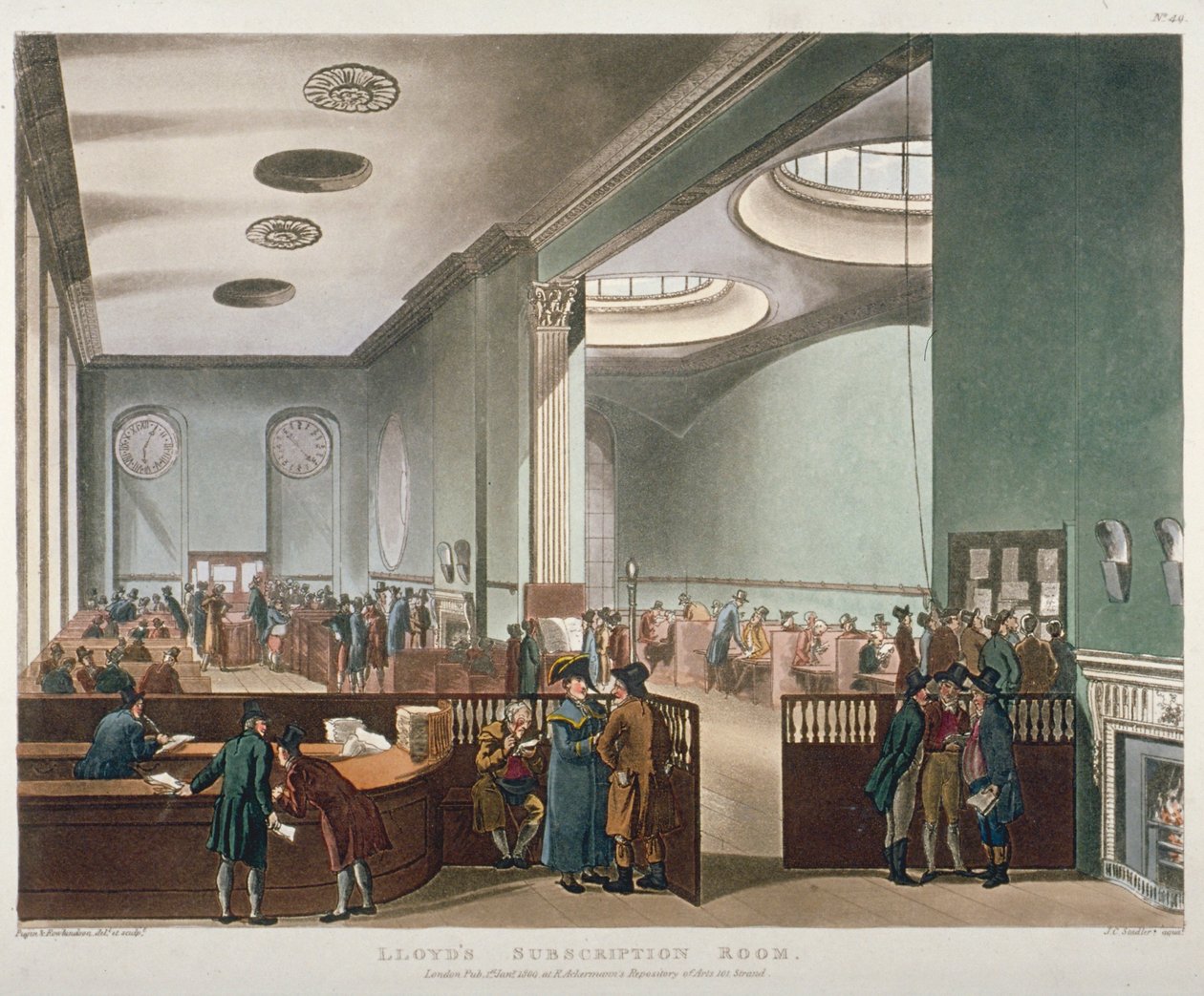 Widok wnętrza pokoju subskrypcyjnego Lloyds w Royal Exchange, City of London, 1809 autorstwa Augustus Charles Pugin, Thomas Rowlandson