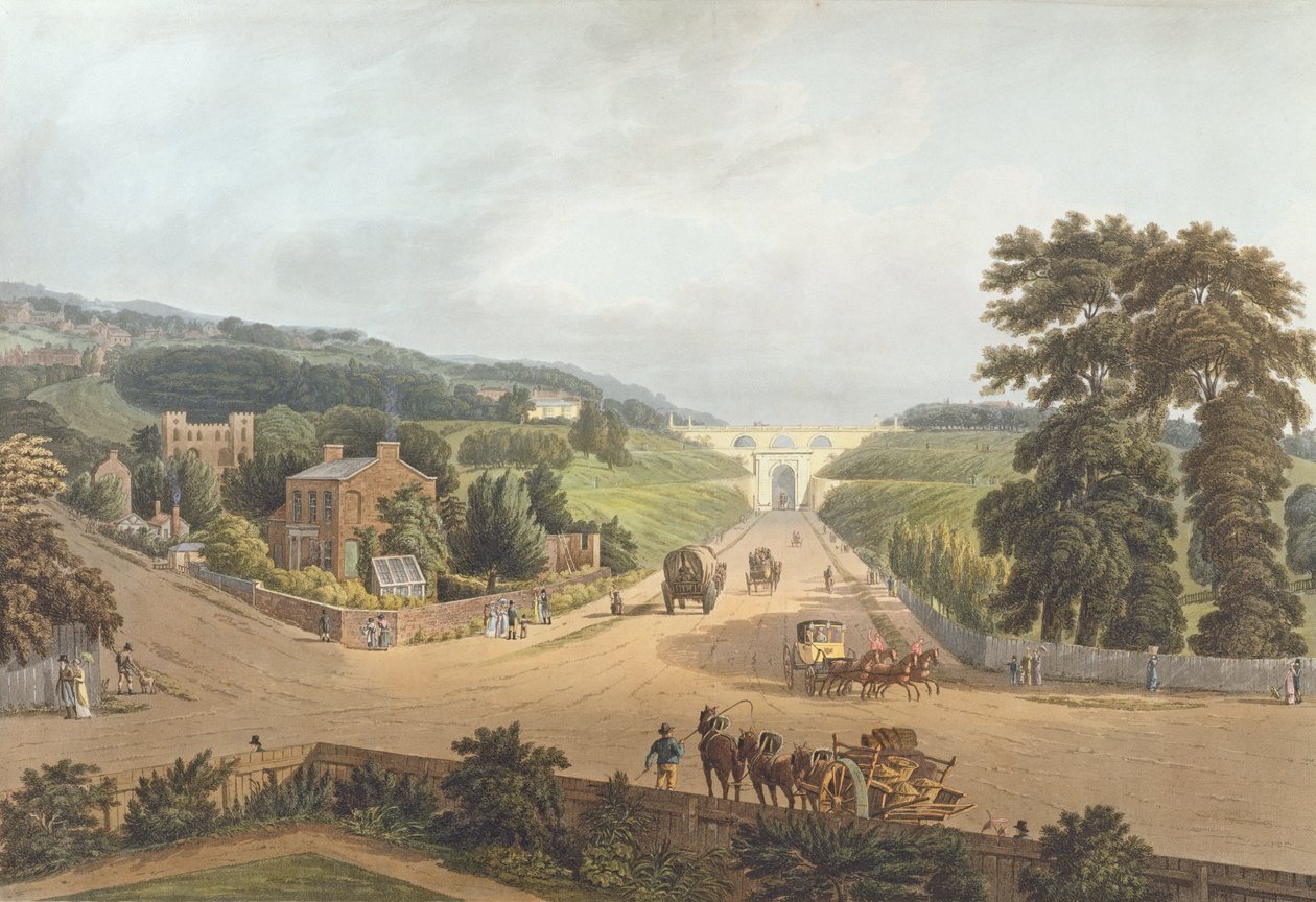 Widok na bramę Highgate, 1821, rytowany przez Johna Hilla (1770-1850) (akwatinta) autorstwa Augustus Charles Pugin
