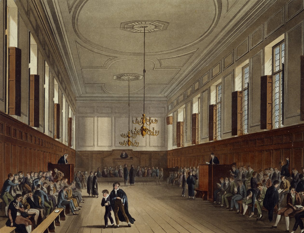 Eton School Room, z "History of Eton College", część "History of the Colleges", rytowane przez Josepha Constantine Stadlera (fl.1780-1812), opublikowane przez R. Ackermanna, 1816 (akwatinta) autorstwa Augustus Charles Pugin