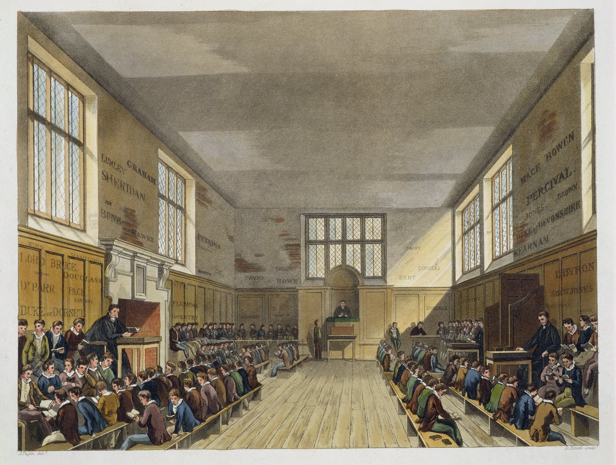 Sala Harrow School z „Historii Harrow School”, część „History of the Colleges”, sztychowana przez Daniela Havella (1785-1826) wyd. R. Ackermann, 1816 (akwatinta) autorstwa Augustus Charles Pugin