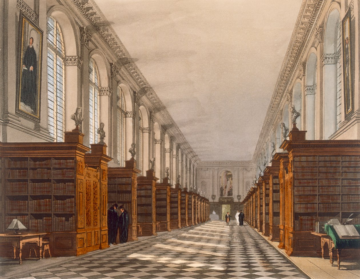 Wnętrze Biblioteki Trinity College, Cambridge, z Historii Cambridge, rytowane przez Daniela Havell (1785-1826), wyd. R. Ackermann, 1815 (akwatinta kolorowa) autorstwa Augustus Charles Pugin