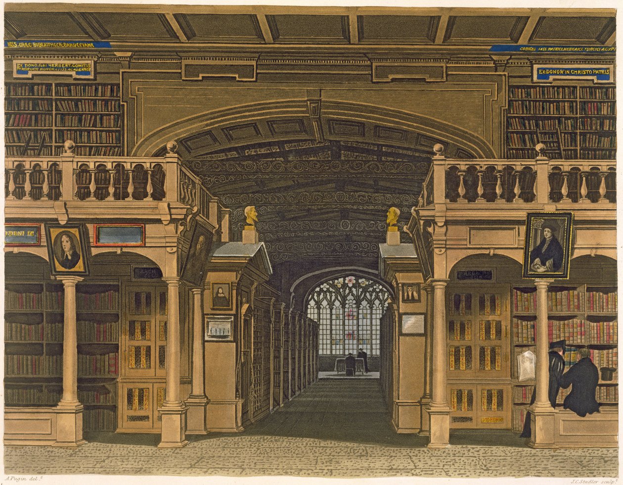 Wnętrze Biblioteki Bodleian, ilustracja z „Historii Oksfordu”, sztychowana przez Josepha Constantine
