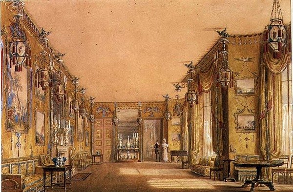 Wnętrze Żółtej Sali Rysunkowej w Pawilonie w Brighton, ok. 1820 (akwarela i gwasz na papierze) autorstwa Augustus Charles Pugin