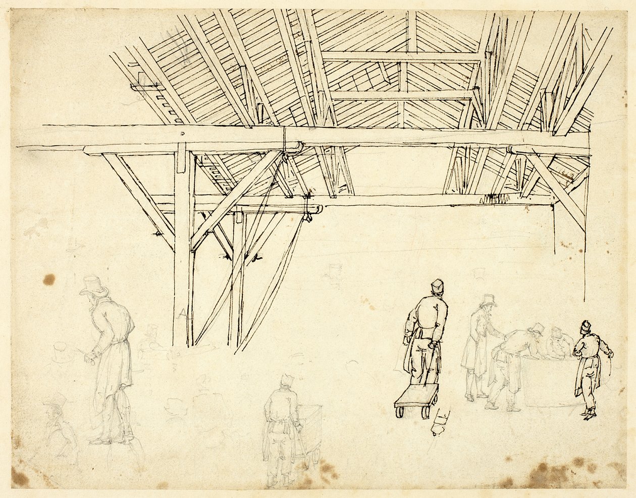 Studium odrzucone, prawdopodobnie dla ilustracji Urzędu Celnego, z Microcosm of London (recto); Szkice robotników z beczkami (verso) autorstwa Augustus Charles Pugin