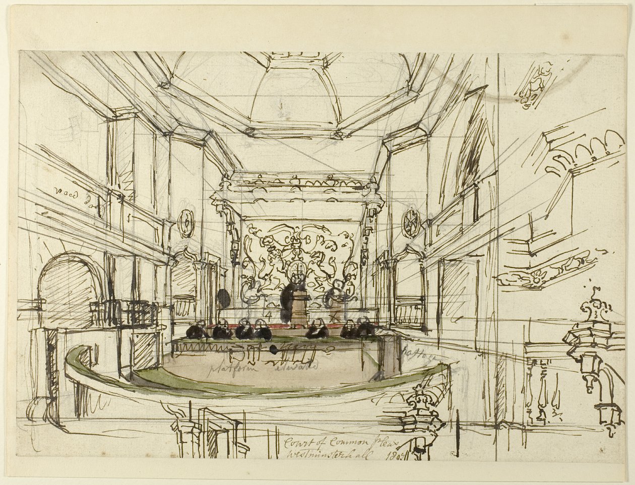 Studium dla Court of Common Pleas, Westminster Hall, z Mikrokosmosu Londynu autorstwa Augustus Charles Pugin