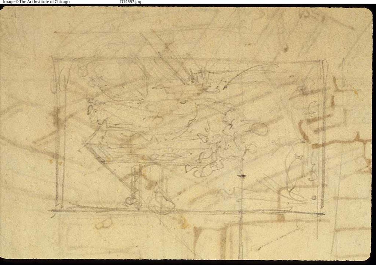 Studium do sali wystawowej, Somerset House, z Microcosm of London (recto); Szkic obrazu: Madonna z Dzieciątkiem (verso) autorstwa Augustus Charles Pugin