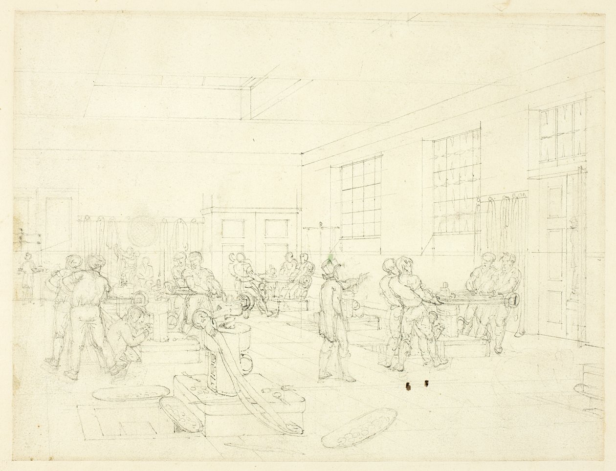 Studium Mennicy, z Mikrokosmosu Londynu (recto); Szkic dziedzińca (verso) autorstwa Augustus Charles Pugin